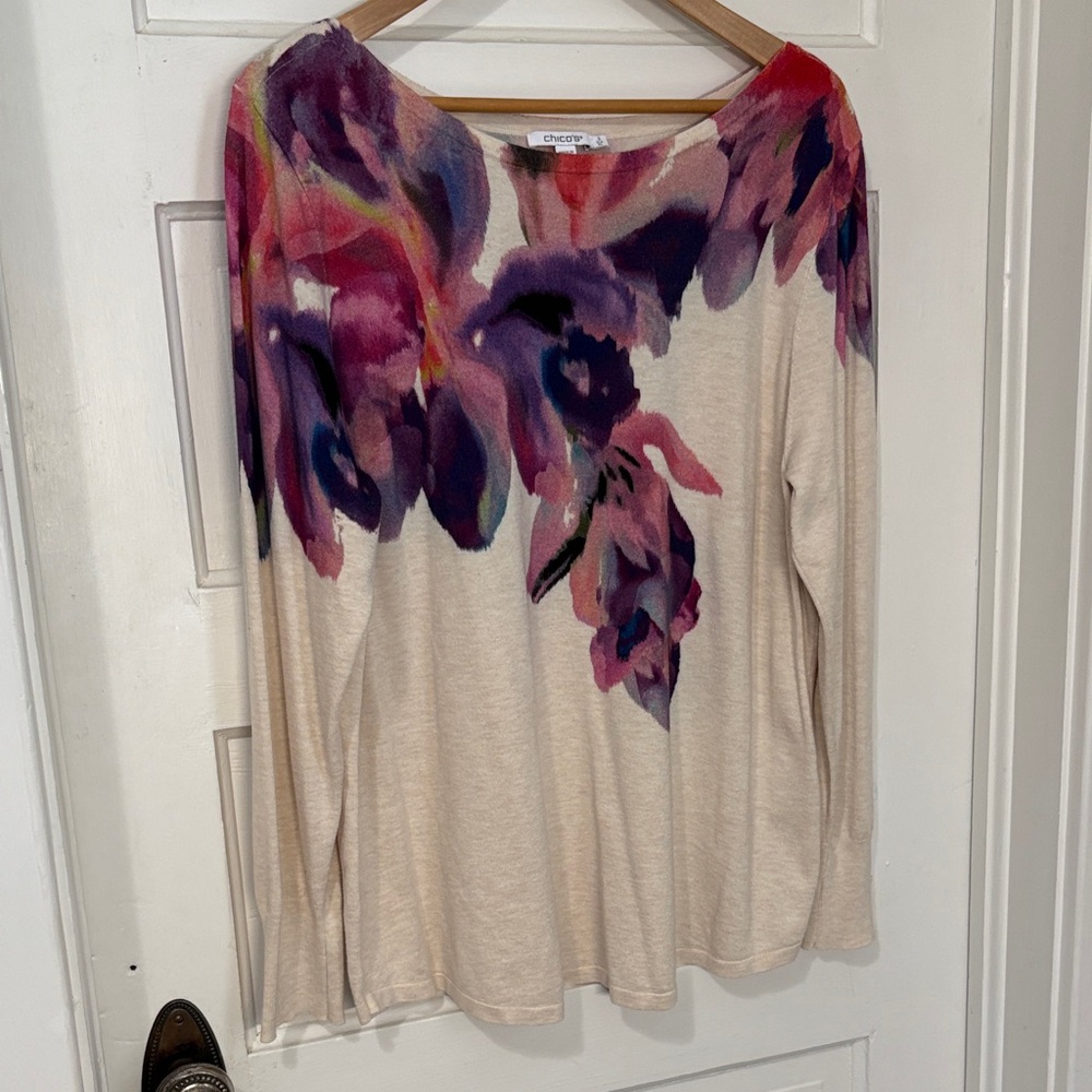 Chico's Cream Long-Sleeve Top with Pink & Purple Watercolor Floral Size 3